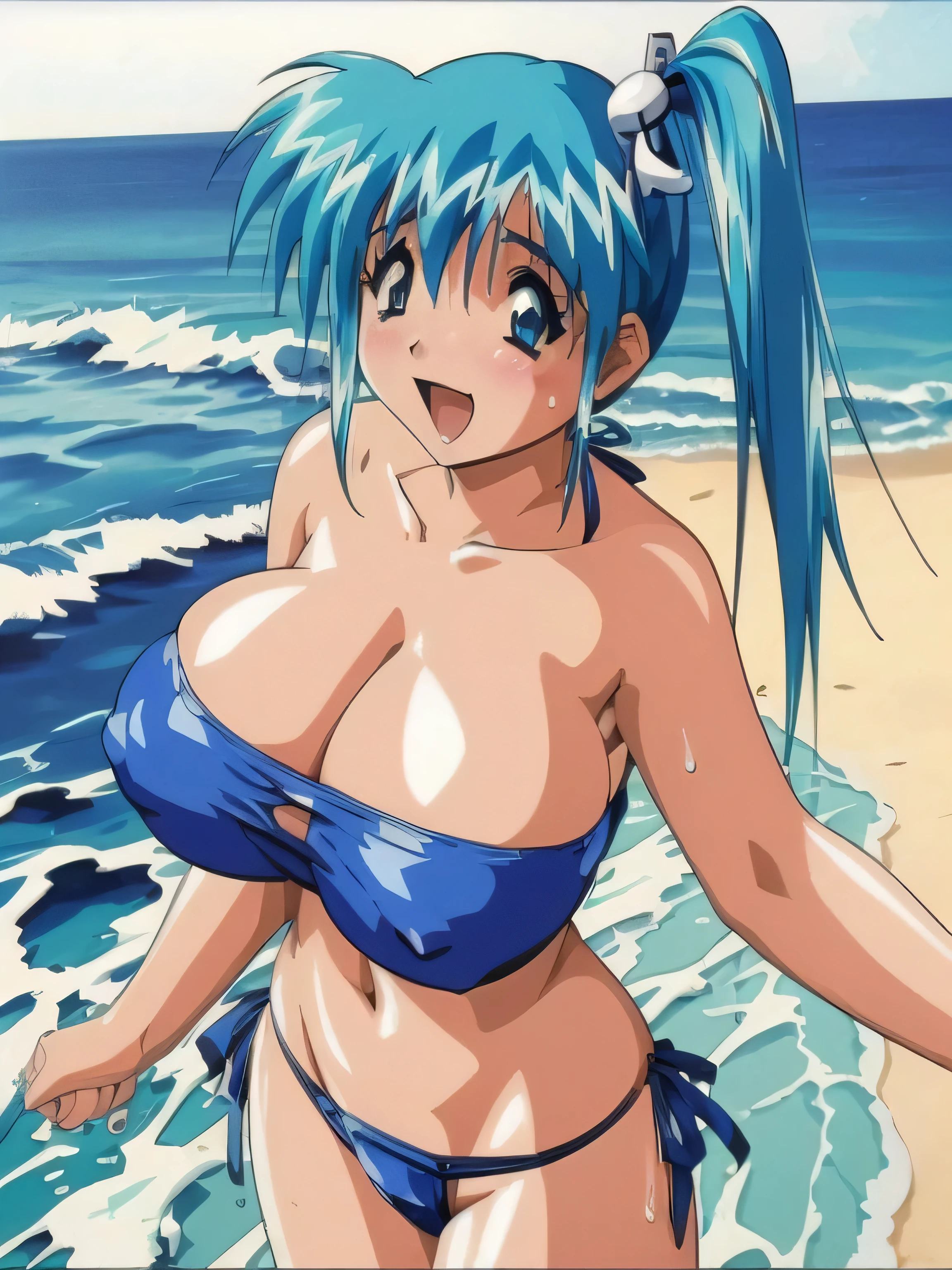 (high resolution、high quality、Masterpiece)、diver_misaki,1990s\(style\), aqua hair, side ponytail hair, hair ornament, blue eyes, (strapless,blue bikini:1.4), (beach,sea side,sea:1),water,(wet,sweat:1)(gigantic breasts:1.5),(blush,sexy,erotic),happy smile,open mouth,Excited,(blush:1),cowboy shot