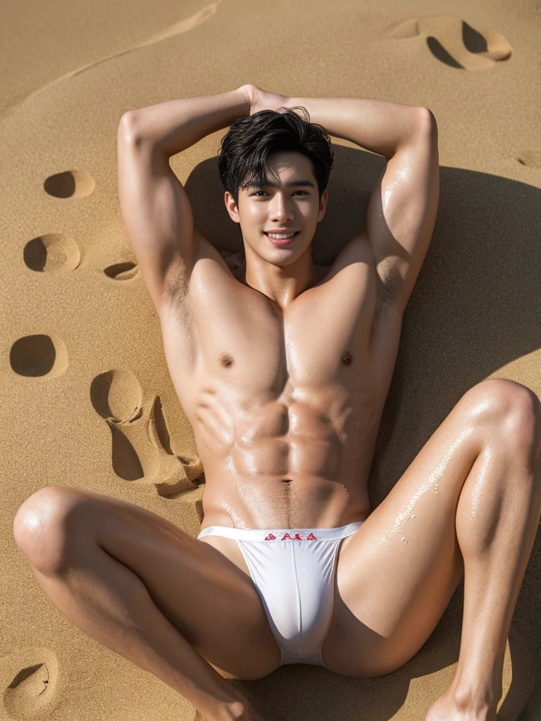 1 young man, age 18, Opposite 3, (Masterpiece, Excellent quality, high resolution, 8ก, complex: 1.2), (detailed face: 1.2), (Red thong panties), (Not wearing a shirt), Very handsome, Wavy abdominal muscles, Abdominal hair, Beautiful skin, short hair, Lying on the sand on the beach, Lift your legs up and spread them apart.., The body was wet. There were water droplets on the body., Focus Man, (realistic)), good lighting quality, delicate body, Idol, ((Pale skin)), bend, balanced eyes, brown eyes, smile, white teeth, smooth hair, The crotch of the pants is tight. (big penis).