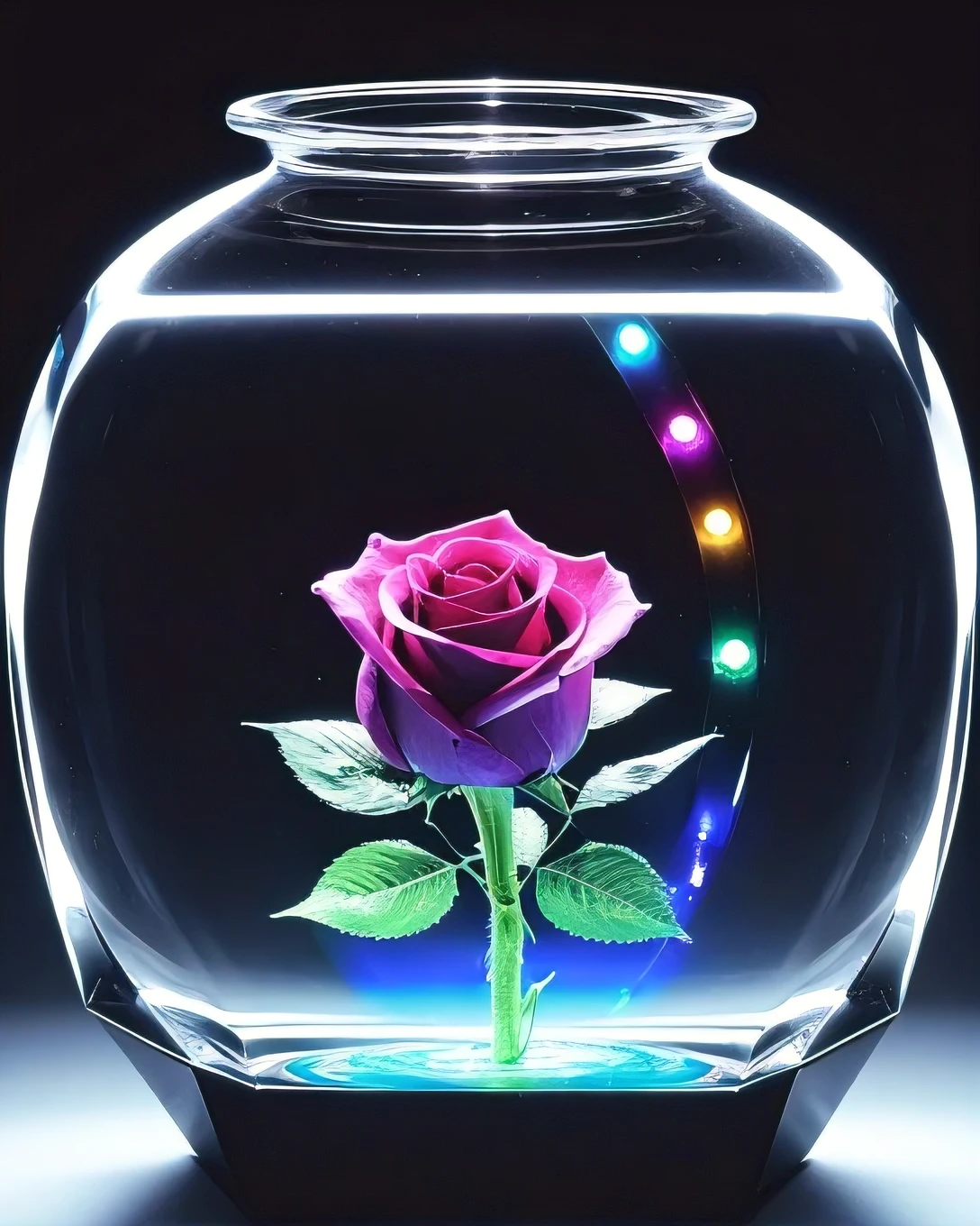 A masterpiece of the highest quality and extreme detail. In a bottle decorated with sophisticated high-tech equipment、A single transparent black rose is placed in the vase.。. State-of-the-art technology, Futuristic Art, A work of art never seen before on Earth. Zoom in. Vibrant, high-contrast colors. A black rose made with the ultimate DNA, It emits a mysterious rainbow aura and illuminates the space.. It's a creative atmosphere. Realistic, Like a real photo.
