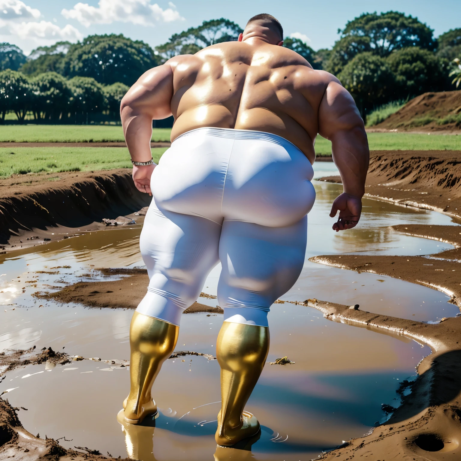full body view, a big large fat over-muscular obese male Scott Porter looking like as a pig with golden rings, blond undercut haircut, white lycra suit, white socks, no shoes, with a snout pierced with a large gold ring, all muscles over-inflated hyper-developed, laying deply rolled into mud, hi-res, back view