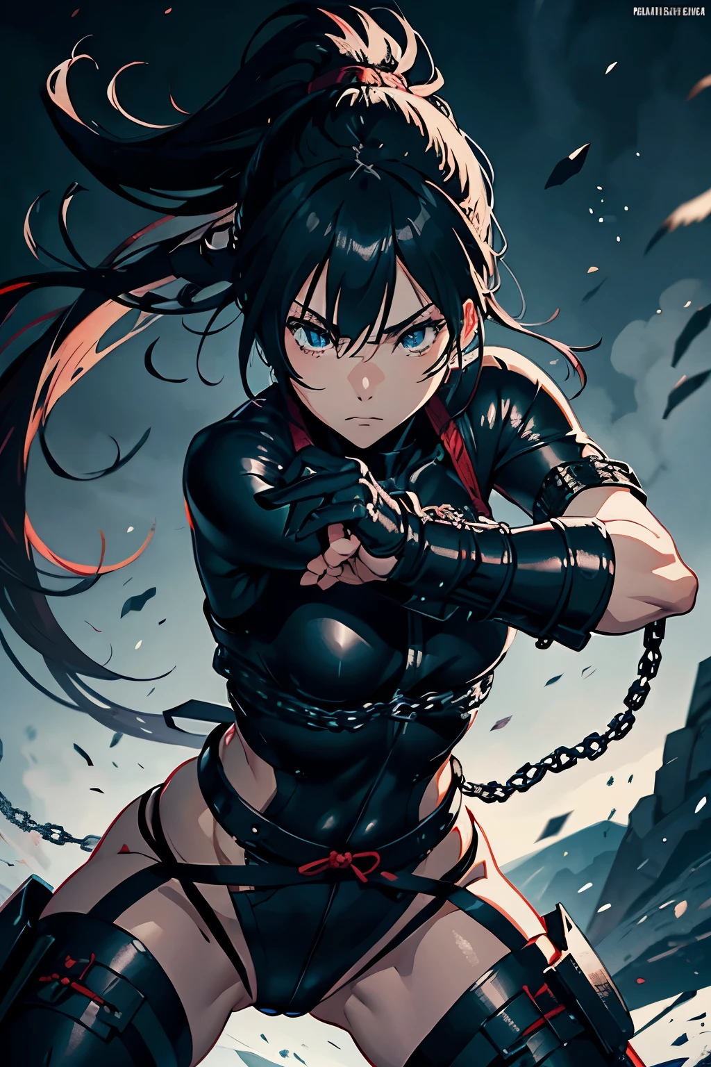 Japanese Ninja Girl、Wearing chain mail combat gear、alone、Beautiful and dignified face、Fighting pose、A tense composition、Simple Background、4K Anime Art、highest quality、high resolution、masterpiece、