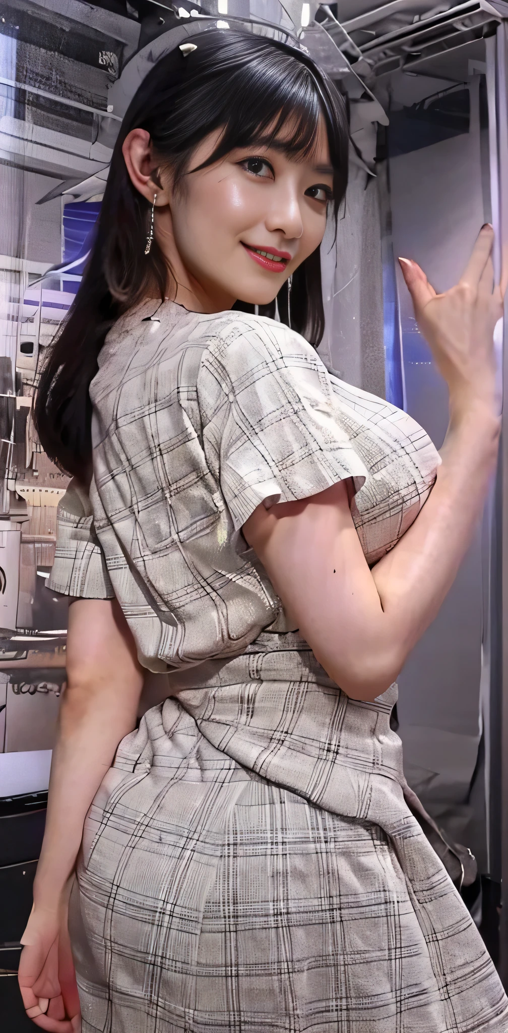 ((highest quality, 8k, masterpiece :1.3)), (Cute Japanese announcer with a perfect body), (Very large breasts bigger than a face:1.82), Long black hair, smile, shirt, mini skirt, Television Studio, Weather News, A very large display showing the cityscape, Highly detailed face and skin texture,