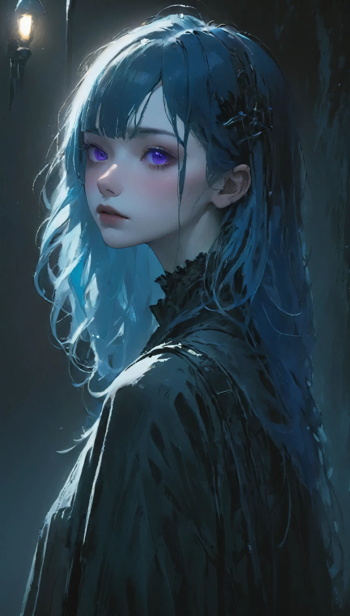 Grunge style Eerie and fascinating photos, A thin gothic woman stands alone in the darkness of the night, Rim Light, Extreme close up, The purple and blue highlights in her hair、It covers her sunken cheeks and around her sunken eyes.。, Highlighted by shadows, Caustic lighting, Highly detailed pale skin, Lightly applied black makeup、It adds to the eerie atmosphere of the scene.。, Her extremely thin figure makes her seem fragile and vulnerable.。,  . texture, Confused, Vintage, Edgy, Punk rock vibe, dirty, noisy