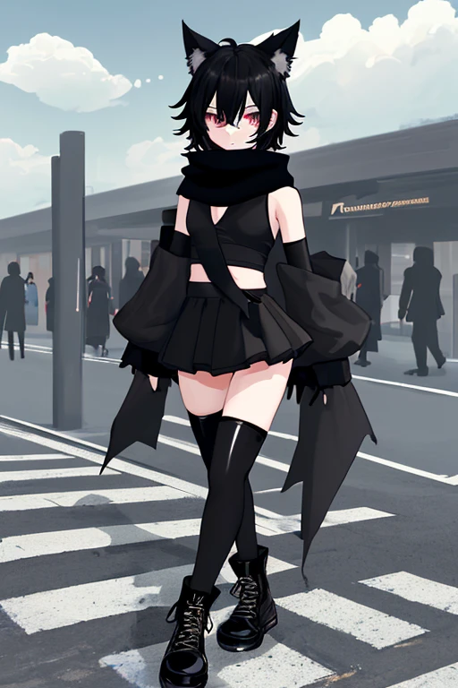 femboy, long black thigh-high stockings, black arm warmers, black top, black skort, black converse boot sneakers, clouds on the wrists, short black broken hair, Latin, fluffy gray scarf, Latin.