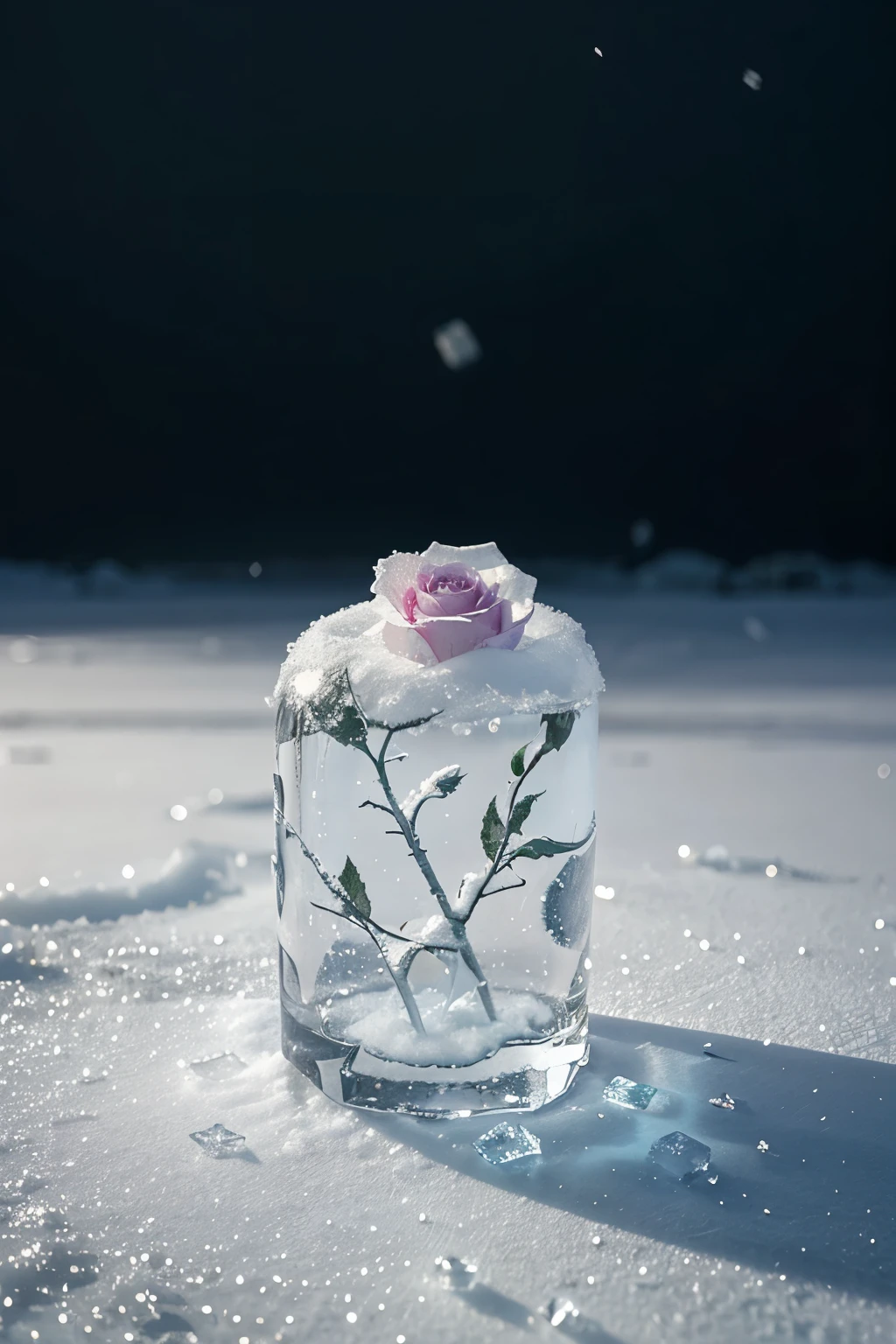 A rose with frozen with transparent ice at the bottom and snow falling snow in its petals in a ice background