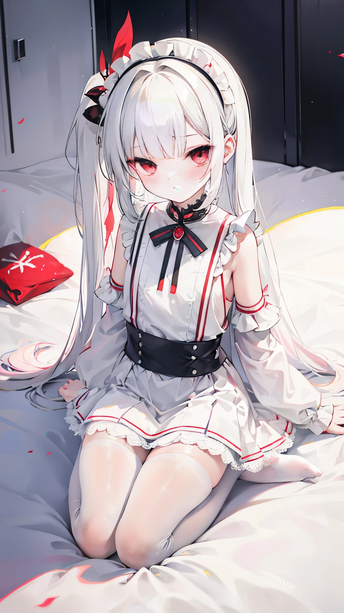 Ahog,Bangs,side_Ponytail,White_hair,Red_Eye,achieve,Awkward,permanent,,flat_Chest,slippers,shift skirtes,Octane Rendering,Fine-brush Painting,Flower meadow,Perspective,Shoulder cutouts,from above,Full Body Love,view,整體view,,on the bed,bedroom,high resolution,art of light novel,art of light novel,small,Lolita时尚,,,Ahog,long hair,White hair,White_hair,Red_Eye,Kneel down&Set as whistle,Variza,Thin legs,Hand on,blush,美丽细致的Eye,Sweet_Lolita,White pantyhose,White stockings,White_thigh,No shoes,collar,Neck tie,微small_Chest,微small_Chest,one person,one person,Maid skirt,skirt,