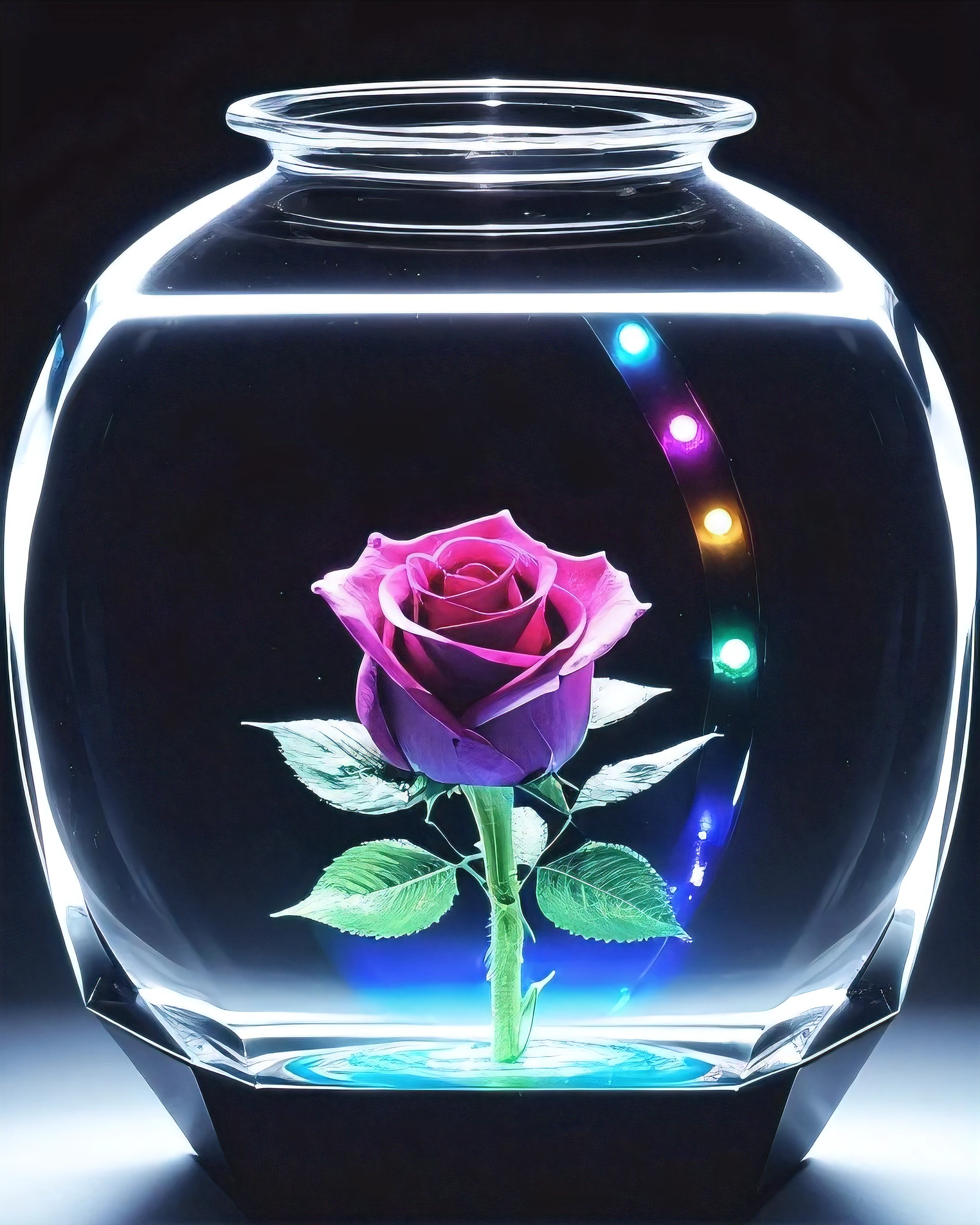 A masterpiece of the highest quality and extreme detail. In a bottle decorated with sophisticated high-tech equipment、A single transparent black rose is placed in the vase.。. State-of-the-art technology, Futuristic Art, A work of art never seen before on Earth. Zoom in. Vibrant, high-contrast colors. A black rose made with the ultimate DNA, It emits a mysterious rainbow aura and illuminates the space.. It&#39;s a creative atmosphere. Realistic, Like a real photo.