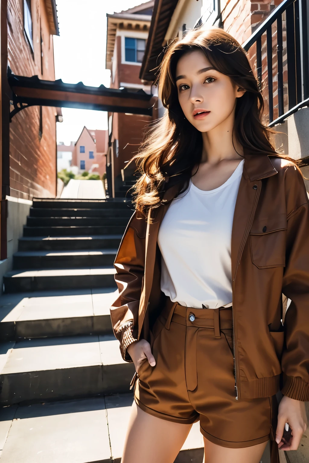 A woman is climbing the stairs of a building, standing outside the house, Writer: In front of the two-story house, movie costume pictures, Beautiful woman wearing a brown jacket over a red sleeveless t-shirt, brown clothes, loose brown shorts, brown jacket with long sleeves,  (Highly detailed facial expressions), 