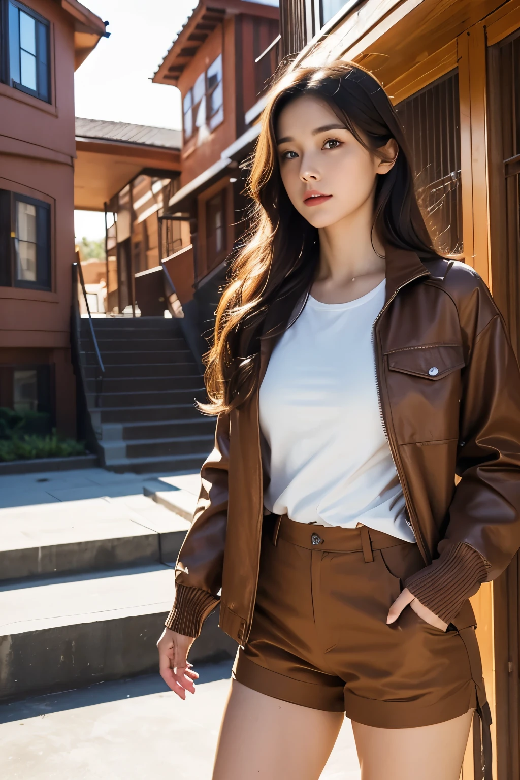 A woman is climbing the stairs of a building, standing outside the house, Writer: In front of the two-story house, movie costume pictures, Beautiful woman wearing a brown jacket over a red sleeveless t-shirt, brown clothes, loose brown shorts, brown jacket with long sleeves, (Highly detailed facial expressions),
