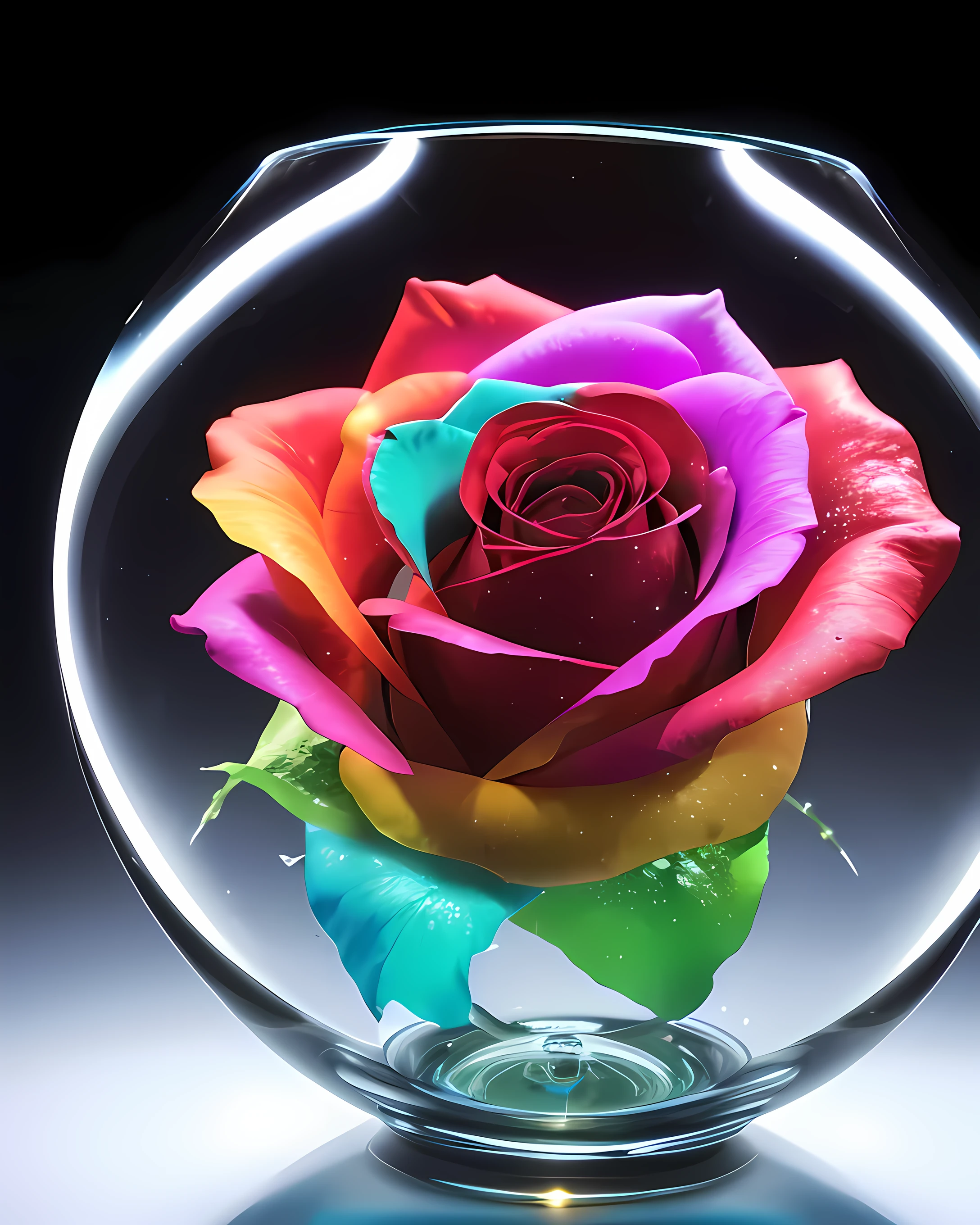 A masterpiece of the highest quality and extreme detail. In a bottle decorated with sophisticated high-tech equipment、A single transparent black rose is placed in the vase.。. State-of-the-art technology, Futuristic Art, A work of art never seen before on Earth. Zoom in. Vibrant, high-contrast colors. A black rose made with the ultimate DNA, It emits a mysterious rainbow aura and illuminates the space.. It&#39;s a creative atmosphere. Realistic, Like a real photo.