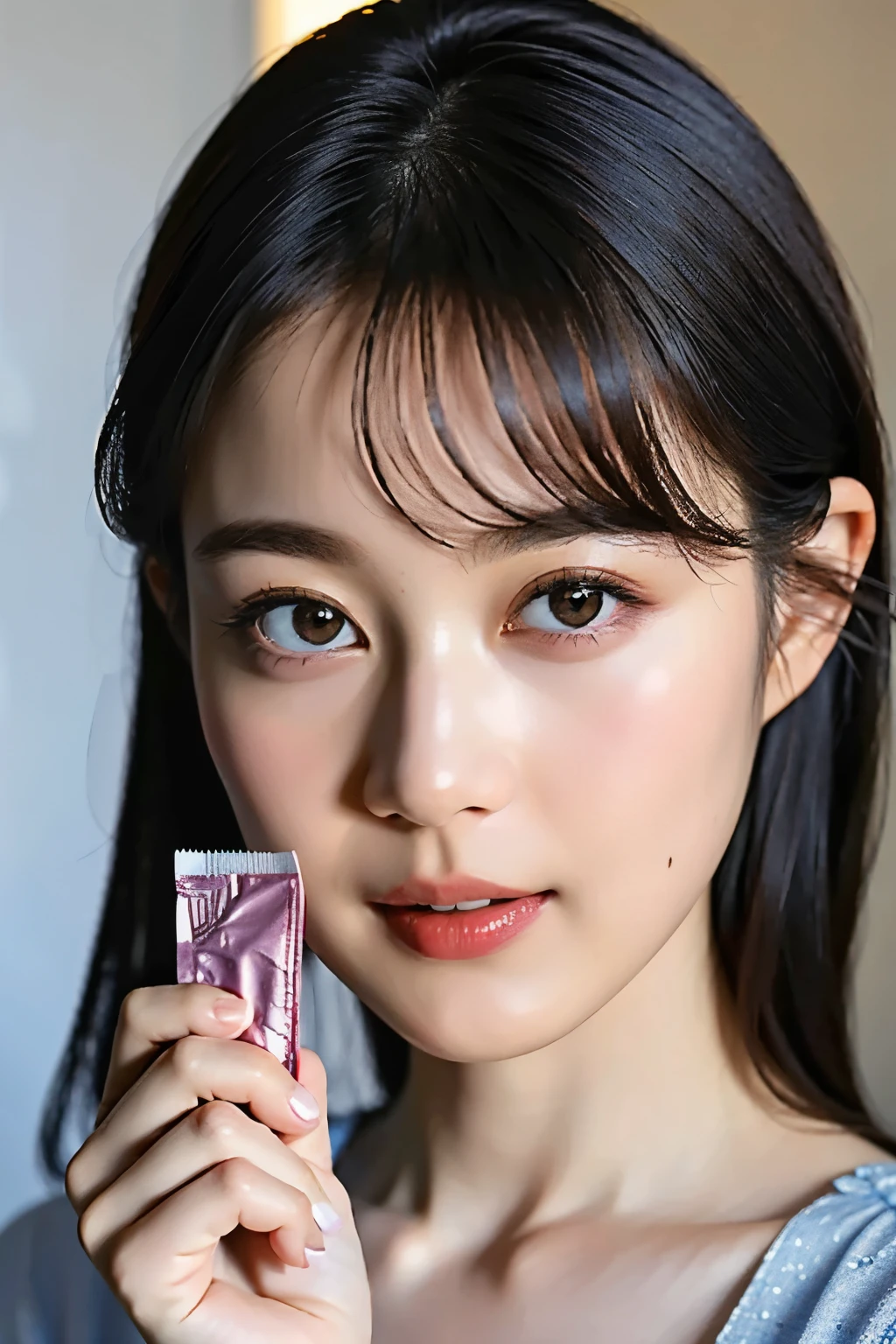 (photo-realistic, realistic:1.4), (masterpiece, best quality:1.2), RAW photo, high resolution, intricate details, extremely detailed, cinematic lighting, solo, 1girl, a Japanese idol, (((a condom in hand,holding a condom wrapper))), detailed face, detailed eyes, pale skin, photo background, indoors 
 