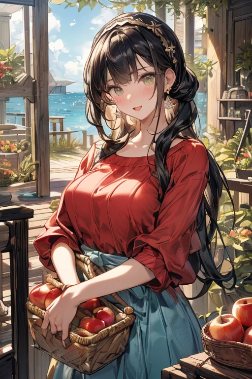 (perky chest:1.2), (pointed chest:1.2),(farmhouse entrance:1.3),(((Red Tunic:1.3))),(((apples and bread in the basket),Cute and beautiful girl,Cute round face,Cute smile,with blush cheeks,Red Lip,solo, looking at viewer, open mouth, have a cute grass of cute beergrass,black hair, dark green eyes, dress, bare shoulders, jewelry, collarbone, sidelocks, hairband, earrings, indoors, off shoulder, sweater, arms behind back, plant, short hair with long locks, gild hairband, off-shoulder dress, sweater dress, off-shoulder sweater, black sweater, dark gord hair, big side hair, very long side hair,is rendered in (masterpiece: 1.2, best quality), with (ultra high resolution) and an exquisite (depth of field). ,(Bangs are see-through bangs),hair pin,hair adornments,detailed clothes features,Detailed hair features,detailed facial features,(Dynamic angles),(Dynamic and sexy poses),clothes that emphasize big breasts,Cinematic Light,(masutepiece,top-quality,Ultra-high resolution) ,(The 8k quality,Anatomically accurate facial structure,),(Sea Art 2 Mode:1.3),(Image Mode Ultra HD,) 
