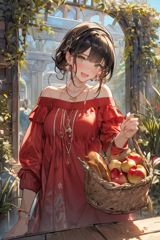 (perky chest:1.2), (pointed chest:1.2),(farmhouse entrance:1.3),(((Red Tunic:1.3))),(((apples and bread in the basket),Cute and beautiful girl,Cute round face,Cute smile,with blush cheeks,Red Lip,solo, looking at viewer, open mouth, have a cute grass of cute beergrass,black hair, dark green eyes, dress, bare shoulders, jewelry, collarbone, sidelocks, hairband, earrings, indoors, off shoulder, sweater, arms behind back, plant, short hair with long locks, gild hairband, off-shoulder dress, sweater dress, off-shoulder sweater, black sweater, dark gord hair, big side hair, very long side hair,is rendered in (masterpiece: 1.2, best quality), with (ultra high resolution) and an exquisite (depth of field). ,(Bangs are see-through bangs),hair pin,hair adornments,detailed clothes features,Detailed hair features,detailed facial features,(Dynamic angles),(Dynamic and sexy poses),clothes that emphasize big breasts,Cinematic Light,(masutepiece,top-quality,Ultra-high resolution) ,(The 8k quality,Anatomically accurate facial structure,),(Sea Art 2 Mode:1.3),(Image Mode Ultra HD,) 
