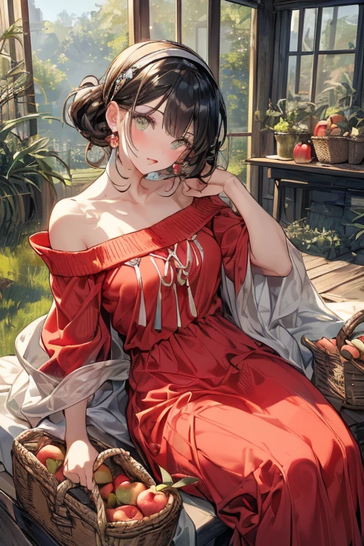(perky :1.2), (pointed :1.2),(farmhouse entrance:1.3),(((Red Tunic:1.3))),(((apples and bread in the basket),Cute and beautiful girl,Cute round face,Cute smile,with blush cheeks,Red Lip,solo, looking at viewer, open mouth, have a cute grass of cute beergrass,black hair, dark green eyes, dress,  shoulders, jewelry, collarbone, sidelocks, hairband, earrings, indoors, off shoulder, sweater, arms behind back, plant, short hair with long locks, gild hairband, off-shoulder dress, sweater dress, off-shoulder sweater, black sweater, dark gord hair, big side hair, very long side hair,is rendered in (masterpiece: 1.2, best quality), with (ultra high resolution) and an exquisite (depth of field). ,(Bangs are see-through bangs),hair pin,hair adornments,detailed clothes features,Detailed hair features,detailed facial features,(Dynamic angles),(Dynamic and  poses),clothes that emphasize ,Cinematic Light,(masutepiece,top-quality,Ultra-high resolution) ,(The 8k quality,Anatomically accurate facial structure,),(Sea Art 2 Mode:1.3),(Image Mode Ultra HD,) 
