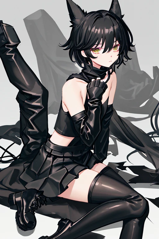 femboy, long black thigh-high stockings, black arm warmers, black top, black skort, black converse boot sneakers, clouds on the wrists, short black broken hair, Latin, fluffy gray scarf, Latin.