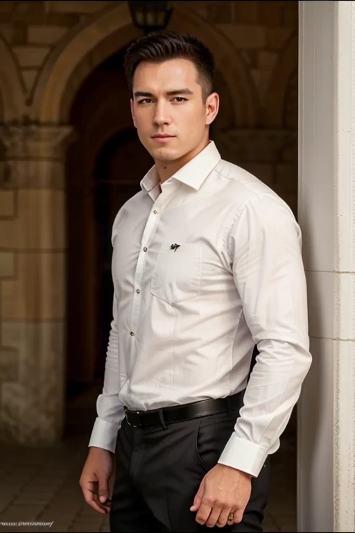 1 Mann,
mit 30 und.o muscular man with long-sleeved white shirt and tie, Lederschuhe tragen, Full body,
sanfte Beleuchtung,
Meisterwerk, Best quality, 8k uhd, dslr, Filmkorn, Fujifilm XT3 fotorealistische Malereikunst von Midjourney und Greg Rutkowski