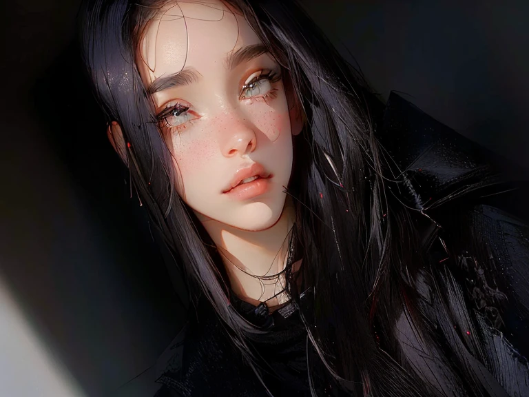 (Obra Prima, Melhor Qualidade, 4K, Realista), Litografia realista, arafa woman with long black hair and a black sweater, sem maquiagem, selfie de uma jovem, 18 anos de idade, Violeta Myers, foto de perfil com headshot, rosto perfeito ), 1 6 anos, o bebedor faz, cerca de 19 anos, closeup impressionante, headshot, lindo rosto delicado, Kailee Mandel, jovem com longos cabelos escuros
