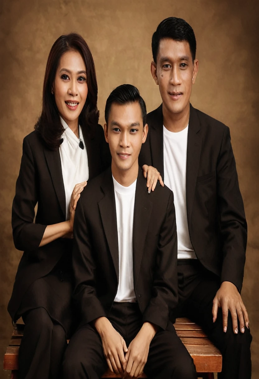 there are two people sitting on a bench posing for a picture, barong family, husband wife and son, an indonesian family portrait, family portrait, happy family, photo portrait, potrait, family photo, classic portrait, family, portrait of family of three, traditional art, portrait image,  family, profile image, full protrait, portrait shot