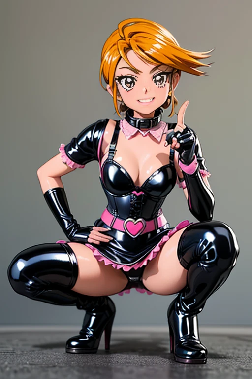 BDSM、Queen、spouse、(((One Girl)))、alone、(((Shiny latex costume)))、(((Long gloves covered in black latex all the way to the fingertips:1.4 )))、(((Black and pink latex corset dress:1.4)))、(((Beautiful lace corset dress.)))、(((corset dress with shoulder straps)))、(((Black and pink latex tight mini skirt:1.4)))、(((Black thigh-high boots)))、(((Black fishnet stockings:1.2 )))、Stiletto heels、(((Black latex panties)))、(((black latex bra)))、(((Black leather collar)))、(((erotic)))、Blonde Short Hair、masterpiece、High resolution、High resolution、masterpiece、Anatomically perfect body、Anatomically perfect hands and feet、Detailed face、Fine grain、Wicked Smile、Cold Stare、Inside the house、(squat)、Facing forward、Concrete Background、Place your hands on your thighs、(Cure Black)、Belt of Hearts、whip