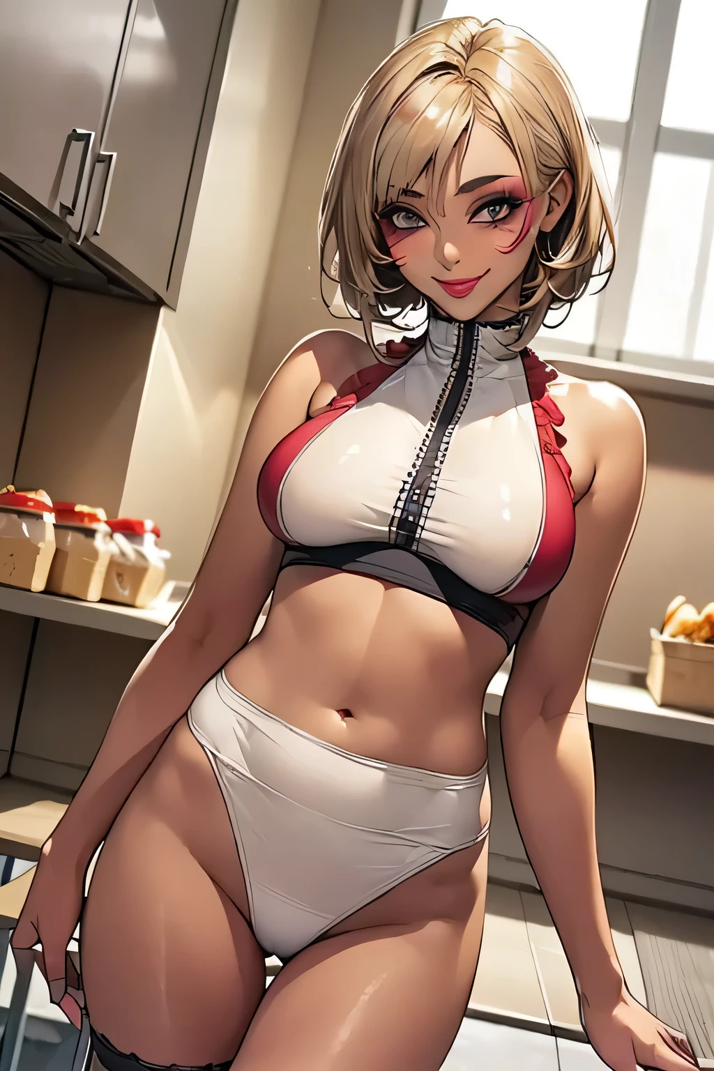 (Dark Skin:1.86),(Blonde gal seduces in the break room:1.5),(Naughty smile:1.5)、(Perm Very Short Short Hair:1.3),(Big Breasts)、(looking at the camera:1.3)、(Nasty makeup:1.45)、(False eyelashes),(Red with lascivious white frills:1.25)