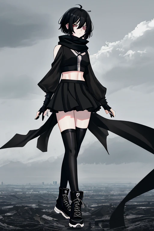 femboy, long black thigh-high stockings, black arm warmers, black top, black skort, black converse boot sneakers, clouds on the wrists, short black broken hair, Latin, fluffy gray scarf, Latin.