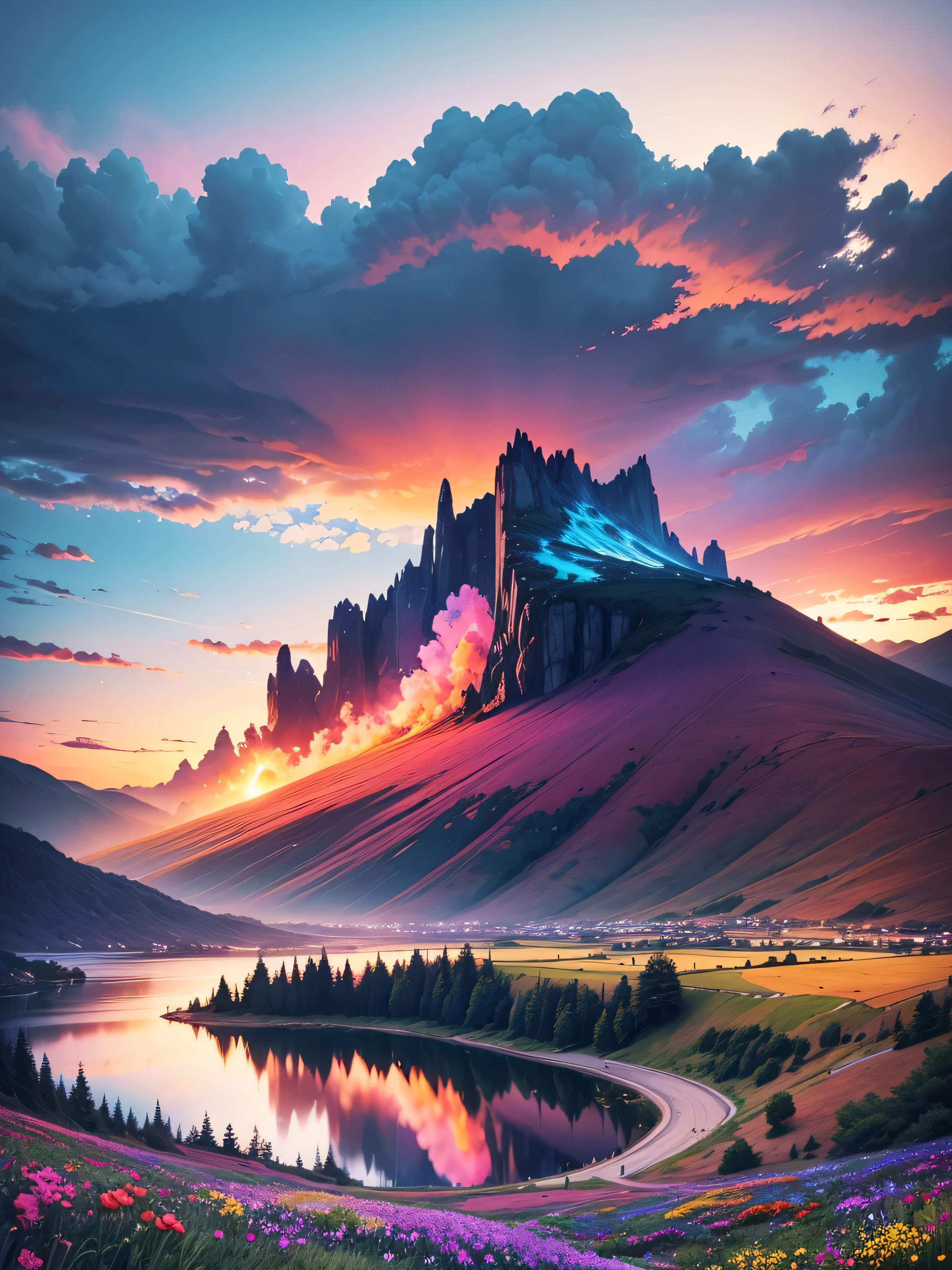 Have a beautiful sunset, The hillside is covered with flowers and plants, flowers are nearby, colorful sky, surreal colors, Colorful sunset, colorful sky, Wonderful sky reflection, wonderful sky, Fantastic atmosphere 8K, colorful clouds, colors reflected in the lake, surreal sky, red and blue reflections, fire reflection, beautiful sky, beautiful and spectacular sunset, Beautiful dream landscape, wonderful sky