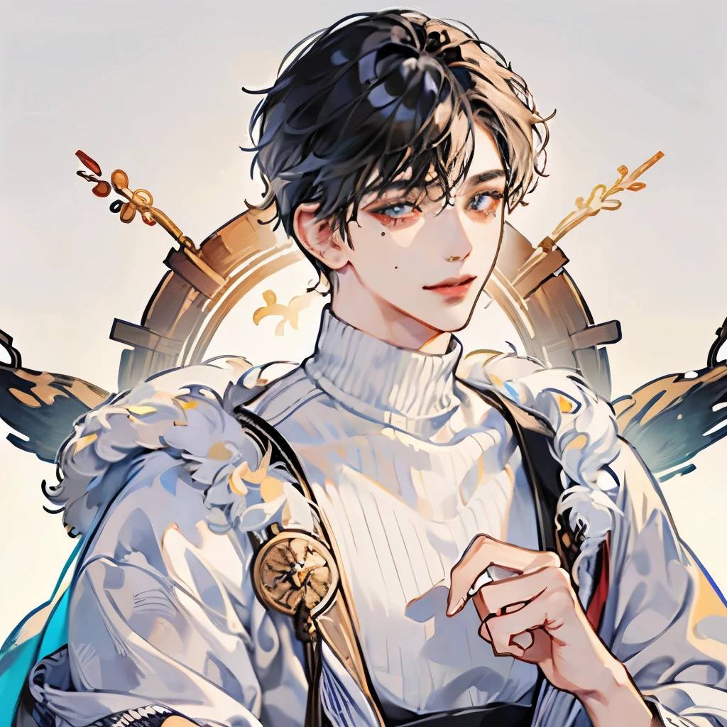 Top quality, masterpiece, Ultra-high resolution, Reality, 1 boy, boy,youth,posture,big eyes,Black and white hair color,short hair,Round ears,大大的Round ears,curls,Curly,Knitwear,Fluffy clothes,Delicate face,Handsome, Smile, Smile, The are slightly visible, Oversized_sweater, , Delicate skin, Bangs, , Clear eyes, , transparency, Japan, Handsome, Above the eyes, Lip Gloss, teardrop, Mole on chest, Bright spots in the eyes