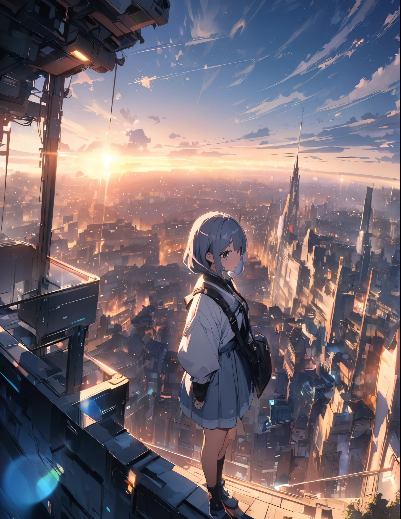 (anime)、(masterpiece:1.2),atmospheric perspective,lens flare、Ultra-wide background with a focus on the girl、Futuristic City、Girl standing on the roof、cute、Different world,Close-up