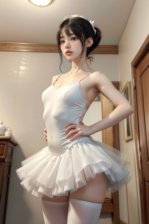 She is a ballerina,,,(she is standing,,model posing:1.3),,,,(pink lipstick:1.2),,,,(Svelte Body:1.5),,,,,,,,,,UHD, anatomically correct, super detail, high details, best quality, 8k , depth of field,,,1 female,,(18 years old:1.2),,,(short hair,Lower ponytail,black hair:1.2),,,,,,(Wearing a white tutu and a white ballet dress:1.3),,hair ribbon, highleg,Flat breast,(collarbone:1.4), (cameltoe:1.1),, covered nipples,abs,,,,(from below:1.3)