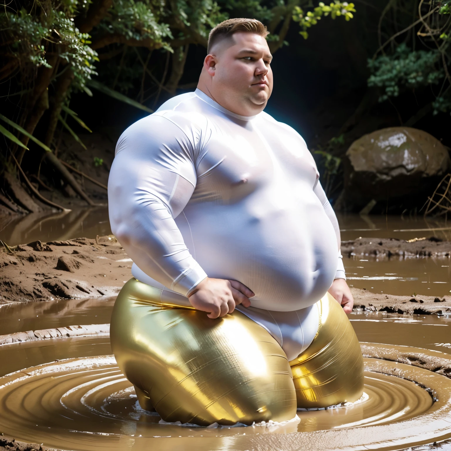 full body view, a big large fat over-muscular obese male Scott Porter looking like as a pig with golden rings, blond undercut haircut, white lycra suit, white socks, no shoes, with a snout pierced with a large gold ring, all muscles over-inflated hyper-developed, laying deply rolled into mud, hi-res, side view