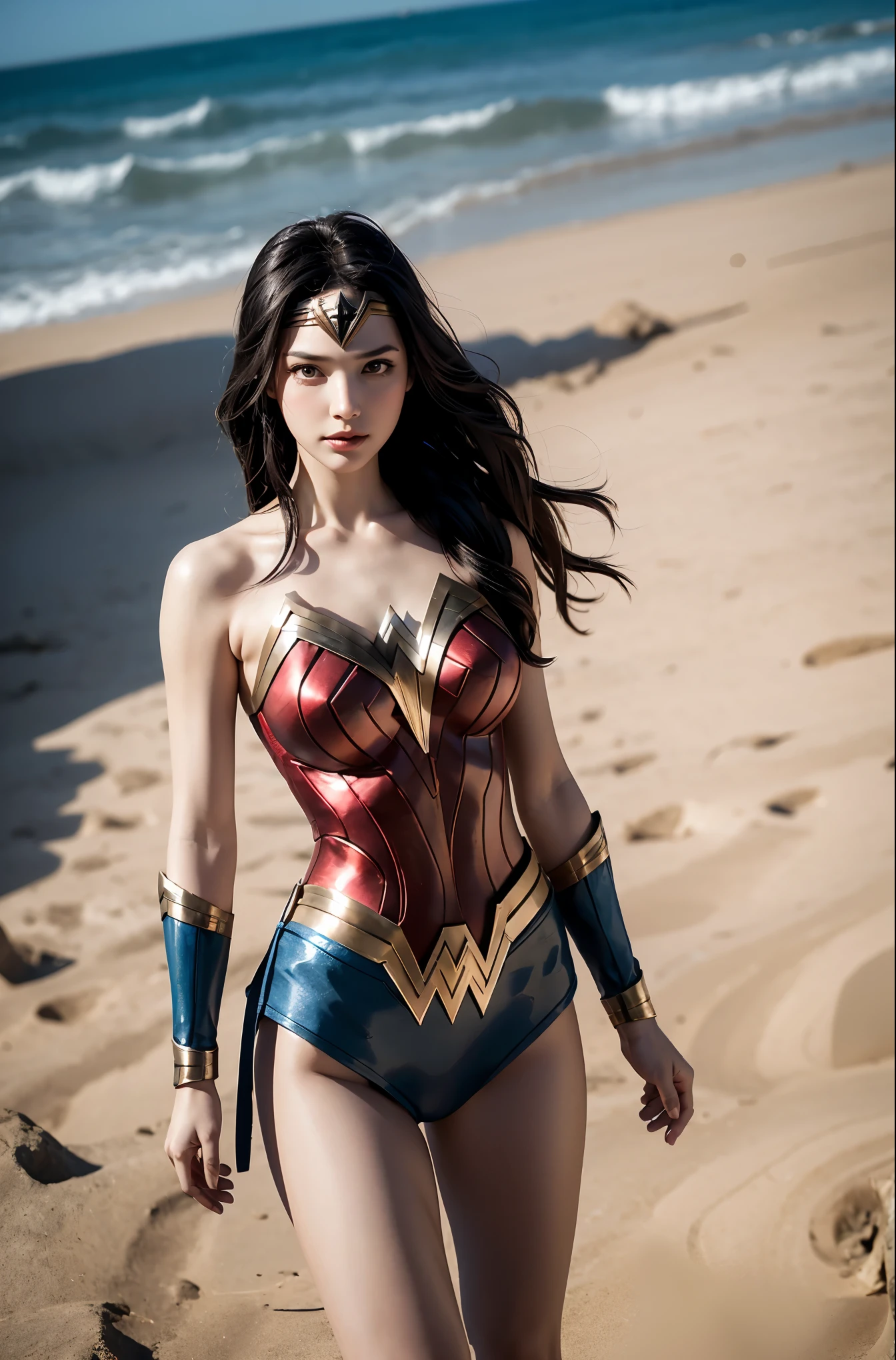 Wonder Woman Cosplay Costume，Large Breasts，High Detail,8k resolution,Ultra-high resolution,fine details，Correct proportions，Rich details，Flying petals，Flowing hair， girl，realism，3D，Delicate skin，Perfect shadow，Light