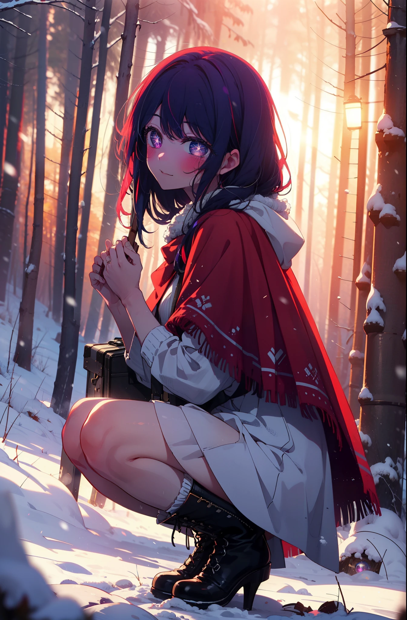 aihoshino, Ai Hoshino, Long Hair, bangs, (Purple eyes:1.1), Purple Hair, (Symbol-shaped pupil:1.5), smile,,smile,blush,White Breath,
Open your mouth,snow,Ground bonfire, Outdoor, boots, snowing, From the side, wood, suitcase, Cape, Blurred, , forest, White handbag, nature,  Squat, Mouth closed, Cape, winter, Written boundary depth, Black shoes, red Cape break looking at viewer, Upper Body, whole body, break Outdoor, forest, nature, break (masterpiece:1.2), highest quality, High resolution, unity 8k wallpaper, (shape:0.8), (Beautiful and beautiful eyes:1.6), Highly detailed face, Perfect lighting, Extremely detailed CG, (Perfect hands, Perfect Anatomy),