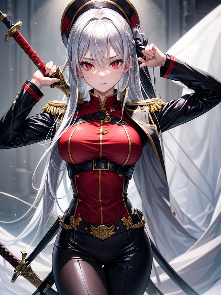 silver hair girl, red eyes, medium breasts, sexy body, military uniform ((detail)), carrying a sword, graceful position ((gallant))