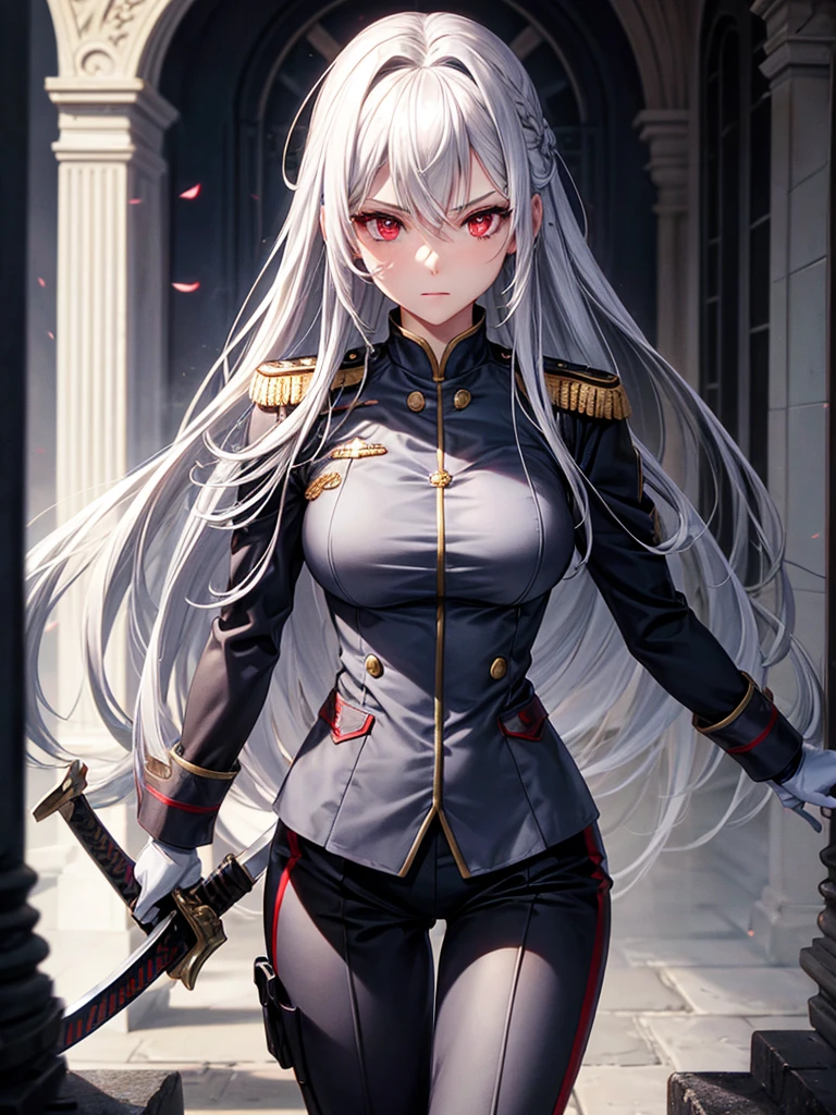 silver hair girl, red eyes, medium breasts, sexy body, military uniform ((detail)), carrying a sword, graceful position ((gallant))