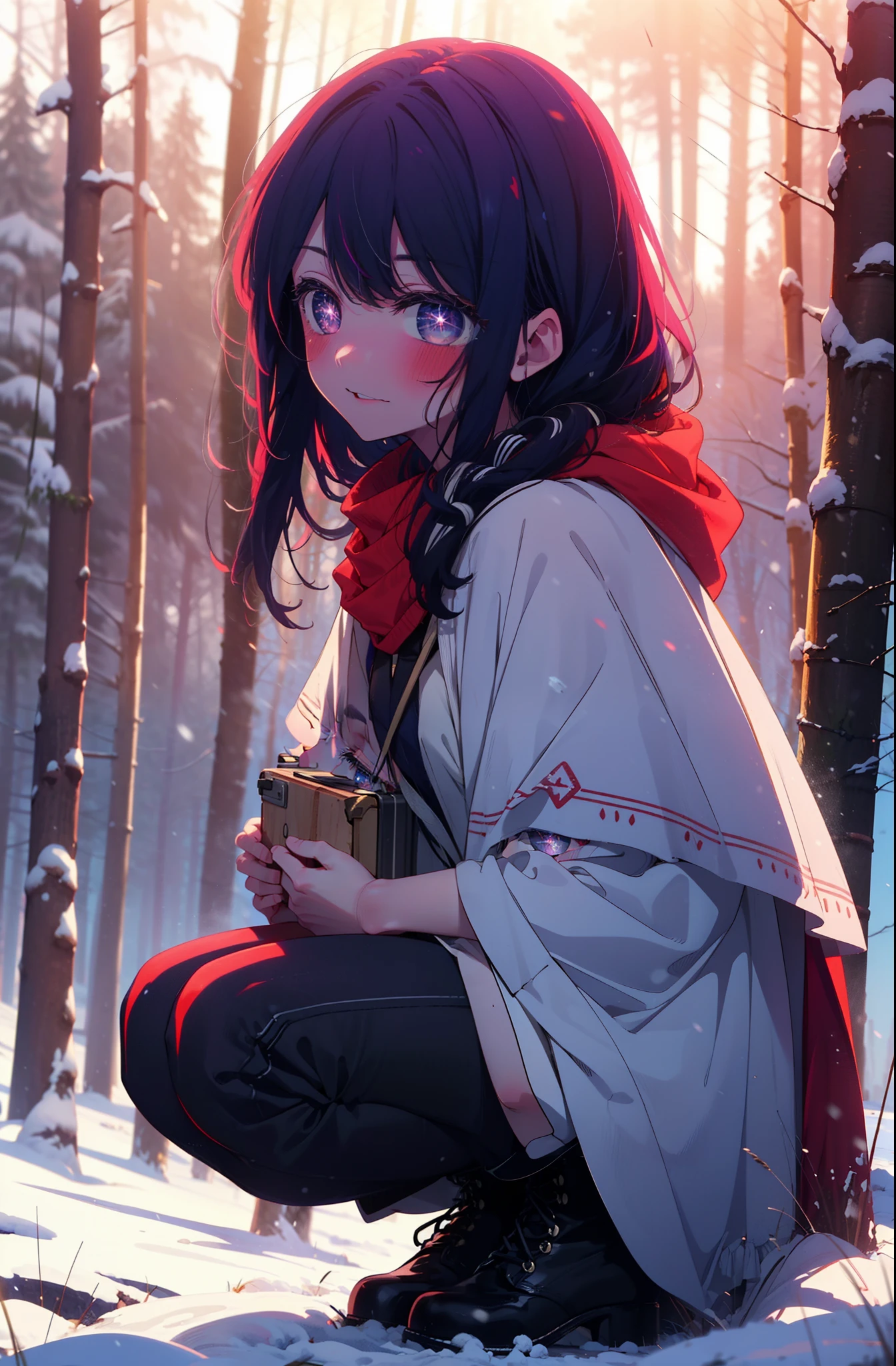aihoshino, Ai Hoshino, Long Hair, bangs, (Purple eyes:1.1), Purple Hair, (Symbol-shaped pupil:1.5), smile,,smile,blush,White Breath,
Open your mouth,snow,Ground bonfire, Outdoor, boots, snowing, From the side, wood, suitcase, Cape, Blurred, , forest, White handbag, nature, Squat, Mouth closed, Cape, winter, Written boundary depth, Black shoes, red Cape break looking at viewer, Upper Body, whole body, break Outdoor, forest, nature, break (masterpiece:1.2), highest quality, High resolution, unity 8k wallpaper, (shape:0.8), (Beautiful and beautiful eyes:1.6), Highly detailed face, Perfect lighting, Extremely detailed CG, (Perfect hands, Perfect Anatomy),