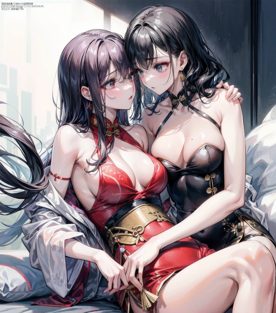 (((yuri))), (((2 girls))), ((cheongsam)), absurdres, RAW photo, extremely delicate and beautiful, masterpiece, Best Quality, ultra high resolution, 32k, hyperrealistic, ultra-detailed, detailed description, perfect anatomy, pale skin, 20 years old, detailed beautiful face and eyes, tearful mole, earring, short medium hair, wavy hair, random colored hair, whole body shot, big tits,