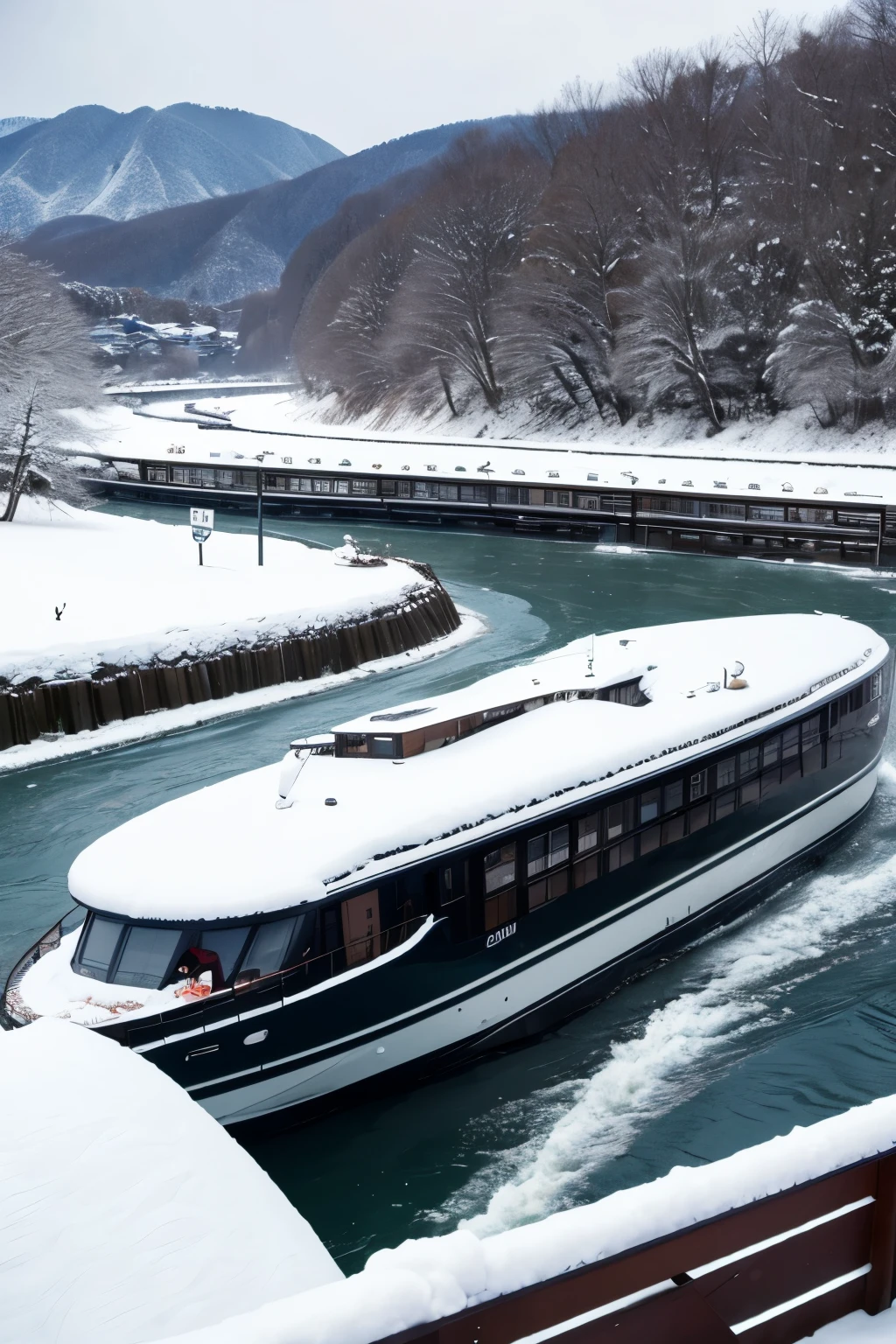 「Hozugawa River Cruise」Midwinter、Harsh winter、全部pure white、it&#39;s snowing、There are rapids and huge rocks scattered around.、it&#39;s snowing、Freezing、pure white、Close-up、Splash。