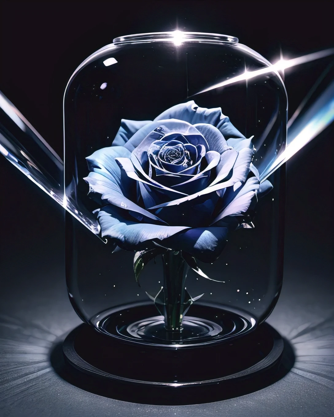 A masterpiece of the highest quality and extreme detail. In a bottle decorated with sophisticated high-tech equipment、A single transparent black rose is placed in the vase.。. State-of-the-art technology, Futuristic Art, A work of art never seen before on Earth. Zoom in. Vibrant, high-contrast colors. A black rose made with the ultimate DNA, It emits a mysterious rainbow aura and illuminates the space.. It's a creative atmosphere. Realistic, Like a real photo.