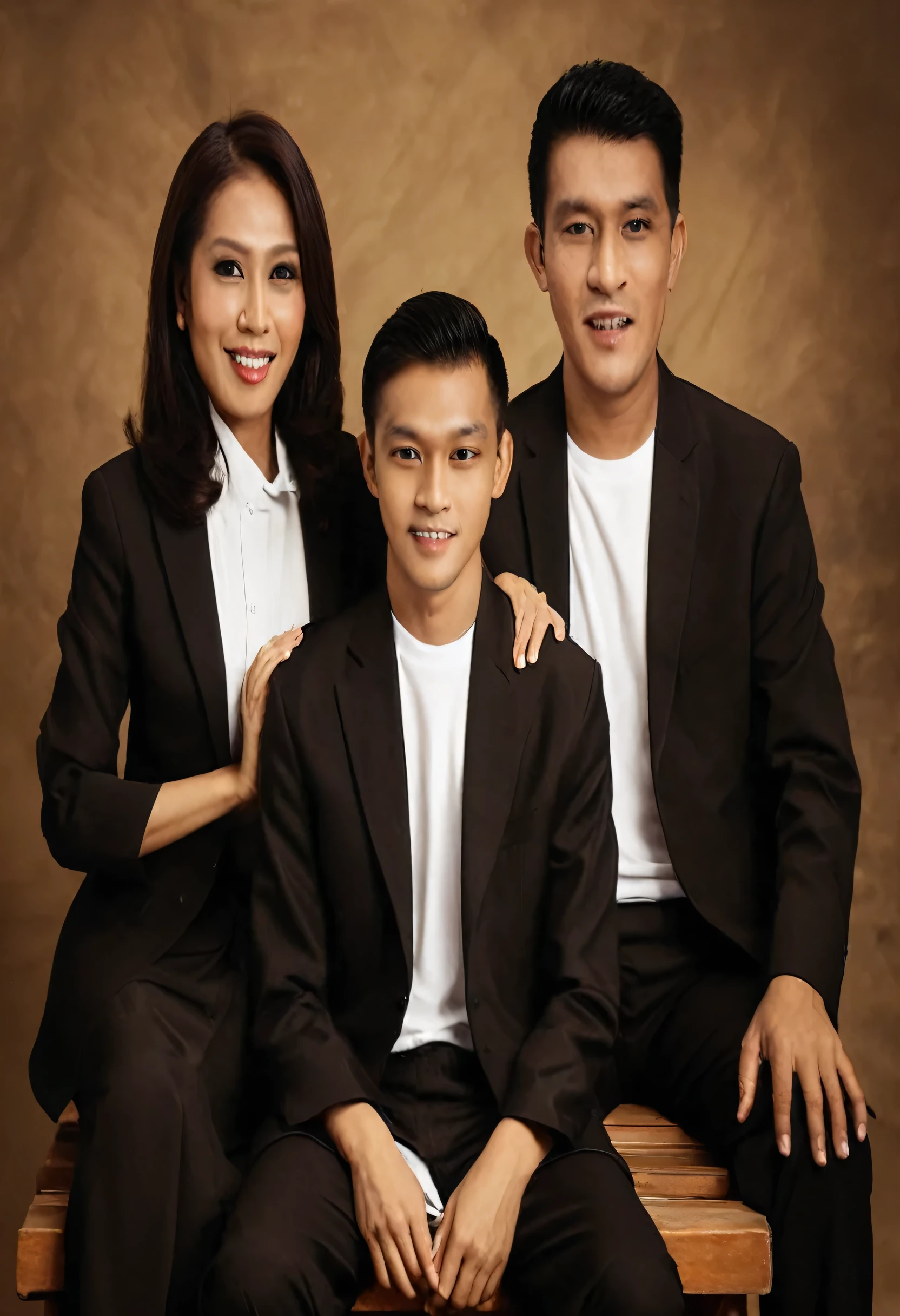 there are two people sitting on a bench posing for a picture, barong family, husband wife and son, an indonesian family portrait, family portrait, happy family, photo portrait, potrait, family photo, classic portrait, family, portrait of family of three, traditional art, portrait image,  family, profile image, full protrait, portrait shot