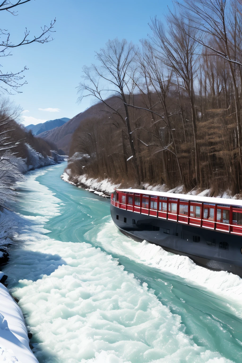 「Hozugawa River Cruise」Midwinter、Harsh winter、全部pure white、it&#39;s snowing、There are rapids and huge rocks scattered around.、it&#39;s snowing、Freezing、pure white、Close-up、Splash。