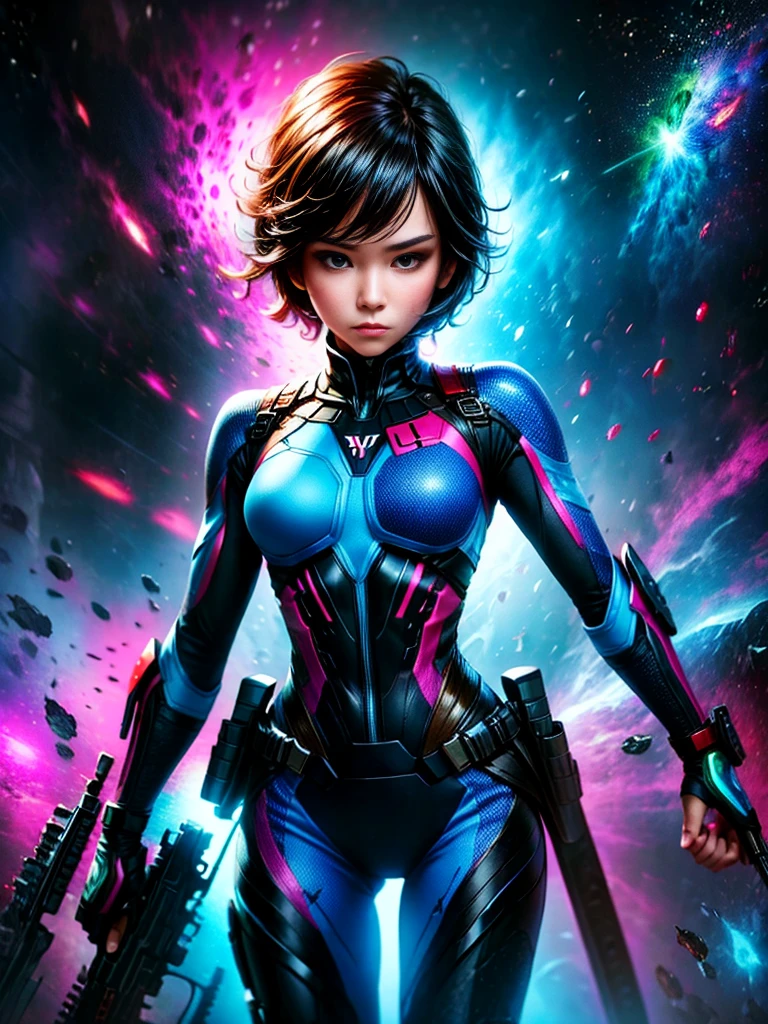 best qualityer，tmasterpiece，Ultimate resolution，downy，Extremely colorful，Colorful，Women combatants，a matural male, boy solo, holding gun，Tight combat suit，tightsuit，cosmic background，the night，Normal posture，Normal posture