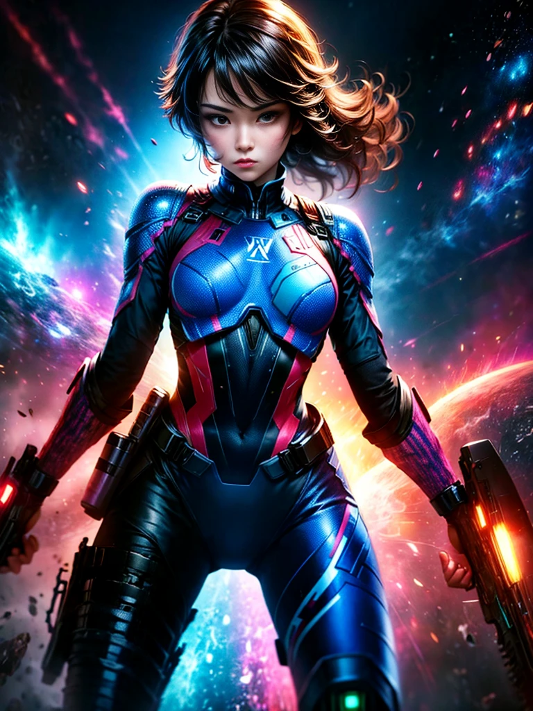 best qualityer，tmasterpiece，Ultimate resolution，downy，Extremely colorful，Colorful，Women combatants，a matural male, boy solo, holding gun，Tight combat suit，tightsuit，cosmic background，the night，Normal posture，Normal posture