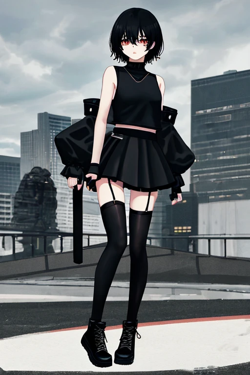 femboy, long black thigh-high stockings, black arm warmers, black top, black skort, black converse boot sneakers, clouds on the wrists, short black broken hair, Latin, Latin, giant, tiny city