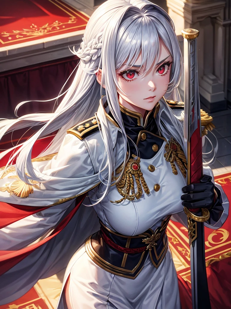 silver hair girl, red eyes, medium breasts, sexy body, military uniform ((detail)), carrying a sword, graceful position ((gallant)), ((Royal background))
