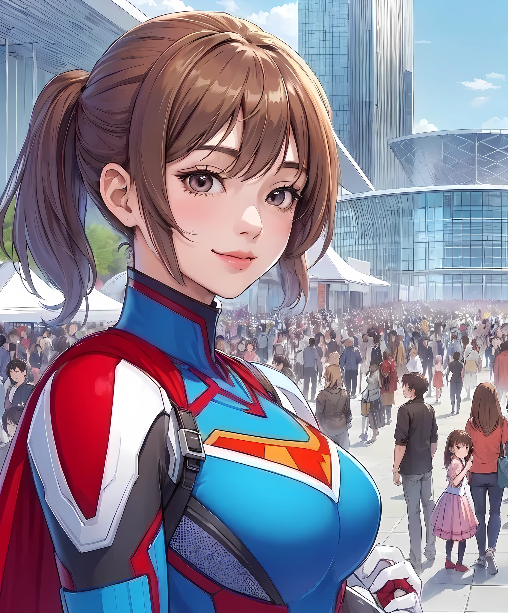 1lady standing, cosplayer, (superhero costume) stylish, belt, (mature female:0.9), /(light brown hair/) bangs, kind smile, (masterpiece best quality:1.2) delicate illustration ultra-detailed, large breasts BREAK (anime-related event) outdoors, (outdoor venue), square, crowded, audience, noon, detailed background