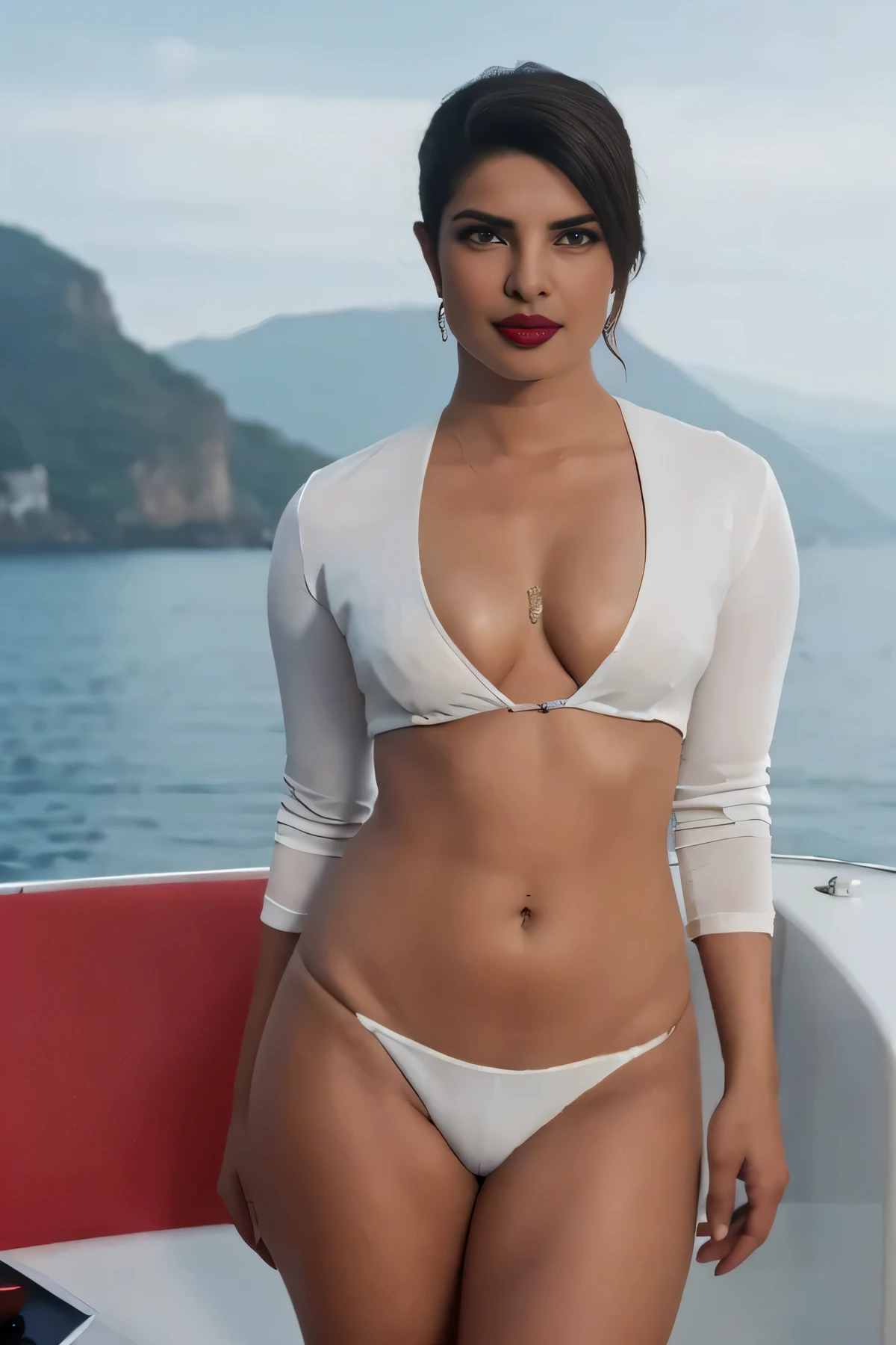 photo of Priyanka Chopra, red lips, slim, cute face, wearing sexy white bikini, curvy, hourglass figure, natural breasts, deep cleavage, navel, armpit ,uncensored, on a yacht , ocean with mountain at background, (cinematic:1.3), intricate details, (ArtStation:1.2), high resolution ,4K