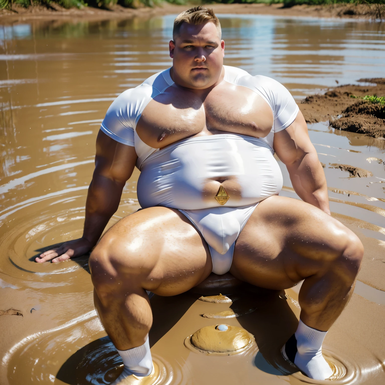 full body view, a big large fat over-muscular obese male Scott Porter looking like as a pig with golden rings, blond undercut haircut, white lycra suit, white socks, no shoes, with a snout pierced with a large gold ring, all muscles over-inflated hyper-developed, laying crawling deeply rolled into mud, hi-res, 