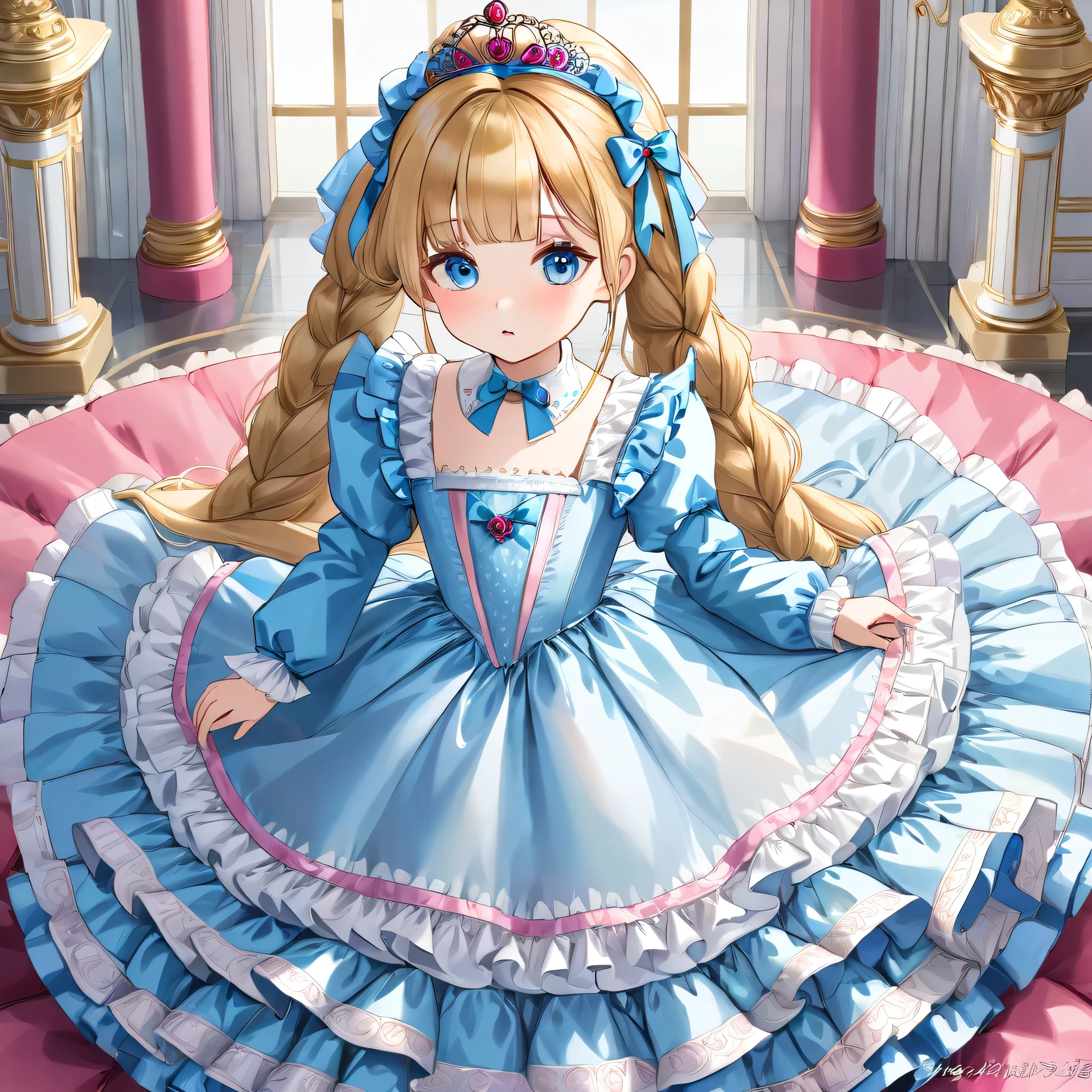 ,highest quality, masterpiece, highest resolution, artwork, 3K realistic photos,,((****************** girls)),Super detailed *********,both are princesses,Full length ball gown dress with hoop skirt,ruffled yoke collar,Detailed braided ribbon on chest,puff sleeves,long sleeve,((Lolita style hot pink detailed princess satin dress、Comes with lots of frills and ribbons。)),shiny silk satin dress,soft and smooth silk satin fabric,luxury,Very long blonde hair,blue eyes,white skin european,pajamas,((Outside the palace)),Princess dancing happily,gorgeous flowing dress,fine white frills and lace,Super long hair that is as tall as your body,the princess is running