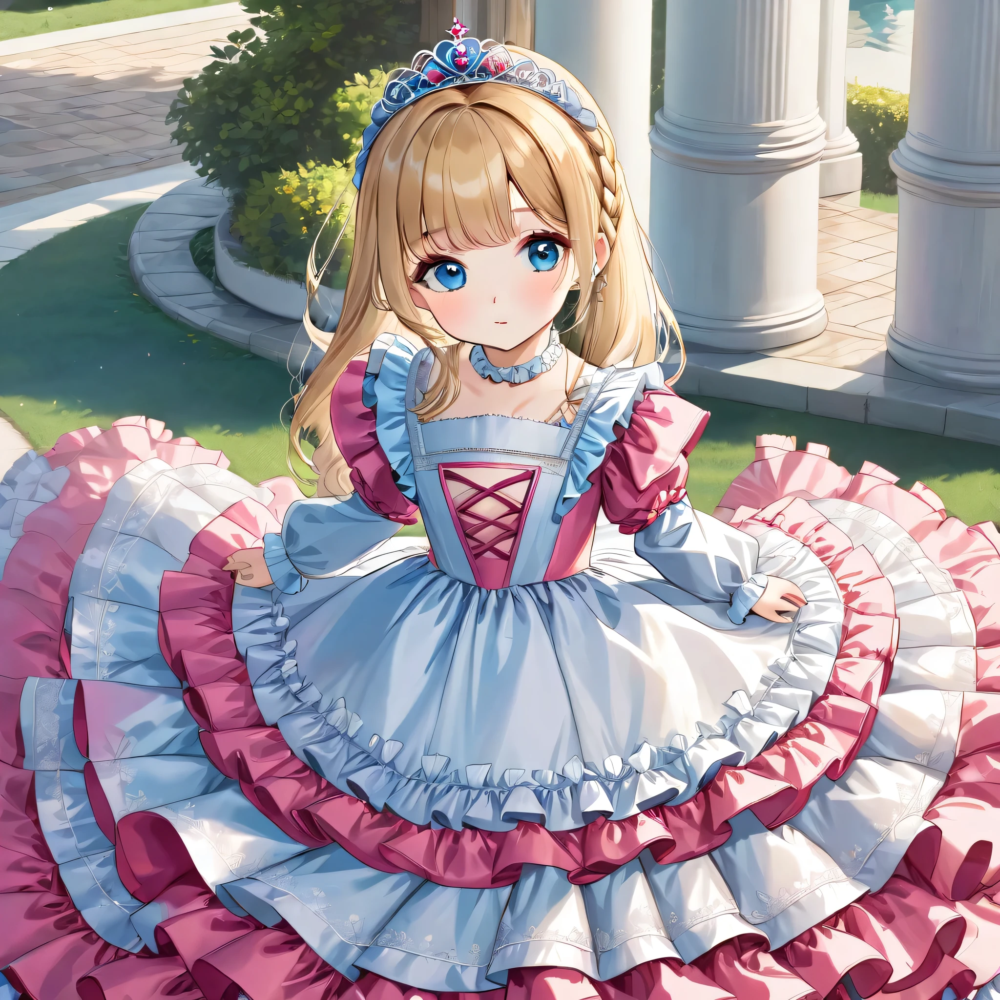 ,highest quality, masterpiece, highest resolution, artwork, 3K realistic photos,,((10 year old little girls)),Super detailed baby face,both are princesses,Full length ball gown dress with hoop skirt,ruffled yoke collar,Detailed braided ribbon on chest,puff sleeves,long sleeve,((Lolita style hot pink detailed princess satin dress、Comes with lots of frills and ribbons。)),shiny silk satin dress,soft and smooth silk satin fabric,luxury,Very long blonde hair,blue eyes,white skin european,pajamas,((Outside the palace)),Princess dancing happily,gorgeous flowing dress,fine white frills and lace,Super long hair that is as tall as your body,the princess is running