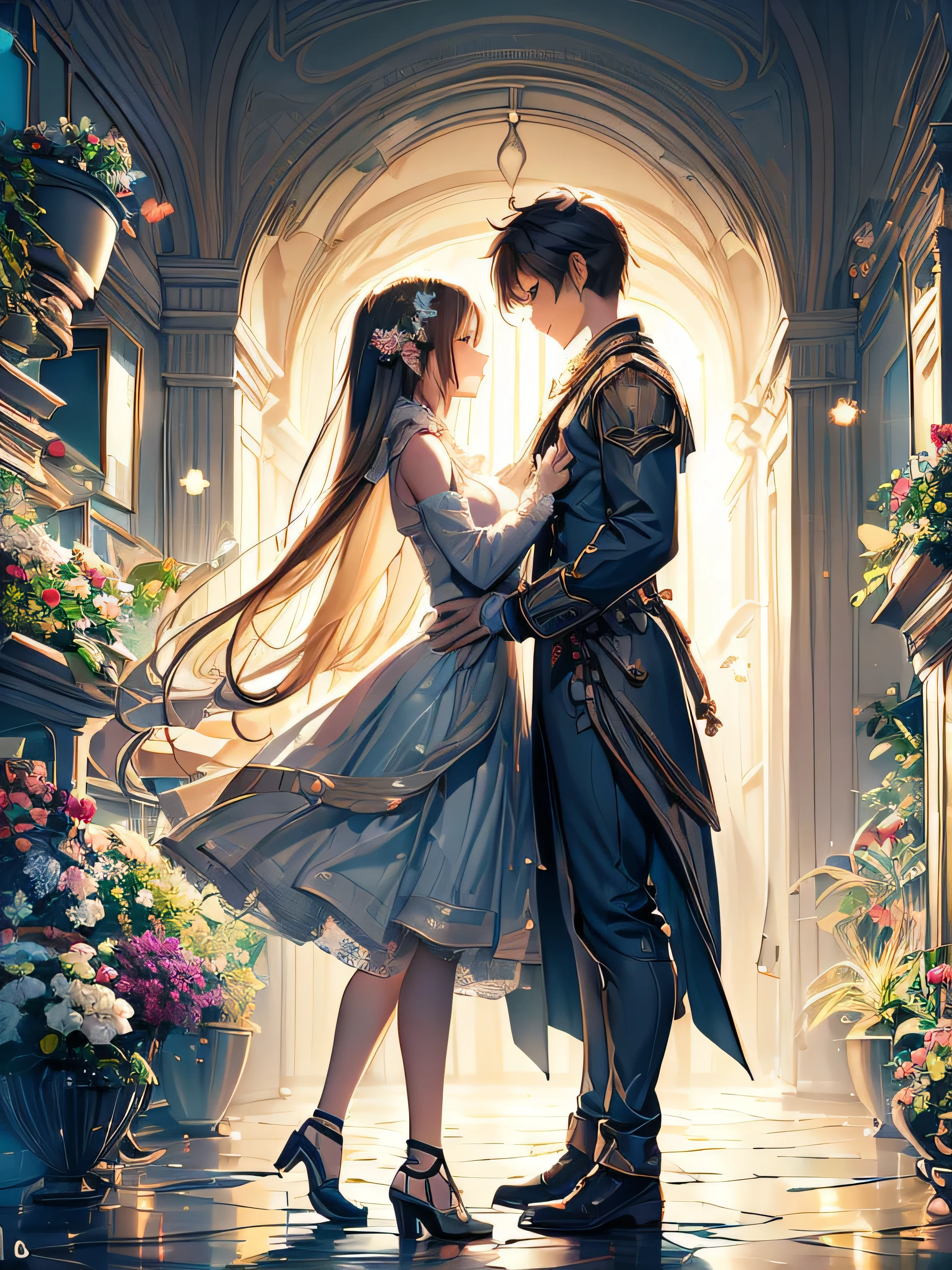 Garden Girl, Holding hands with someone, With overflowing softness and kindness, Multiple corner turns, Connect with someone, Visible and tangible emotions, I want to believe, Use illustrations, Exquisite detail, Highest quality 8K resolution, Super detailed, Realistic, Vibrant colors, Soft tones, Warm and gentle lighting.Girl and boy standing on the road, Their arms wrapped tightly around each other. Beautiful long-haired girl waving in the wind, and、The boy has a charming smile on his face. The promenade is full of flowers, Create colorful reflections in puddles. The girl's eyes were full of awe and wonder.、While looking into the boy's eyes. The sun's rays illuminate the joy and pure love of two people, Cast a warm golden glow on their faces. Their love is like a blessing from God, Free from the defilement of the world. The atmosphere is full of happiness and laughter, As if even heaven is celebrating the love of two people. The artwork is、Create a combination of digital illustrations and photographs, Committed to ultra-high definition and vivid colors. A style that combines romanticism and realism、You can feel the depth of their love. The color palette consists of soft pastel tones., Creates a dreamy and fantastical atmosphere. The lighting is soft and diffuse, Cast a gentle light on their faces,、The warmth of the hug increases. The artwork is a masterpiece, Meticulously crafted to capture the essence of their unbreakable bond.